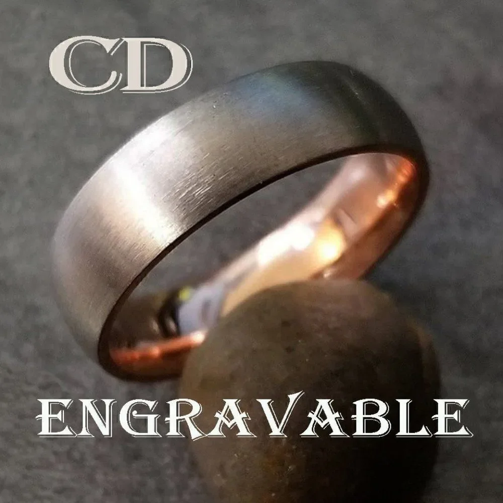 Engraved Mens Real Rose Gold & Silver Titanium Wedding Ring 14k Rose Gold Coated